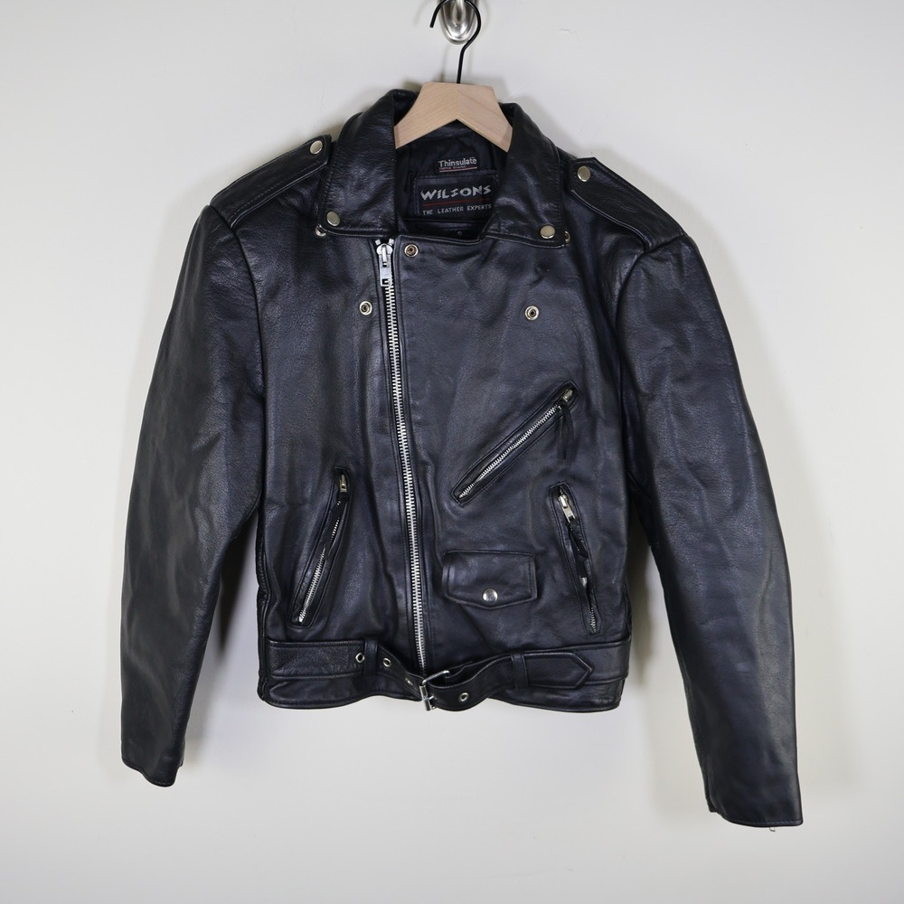 Wilsons Leather Biker Moto Punk Jacket Cropped Belted Womens Small Black